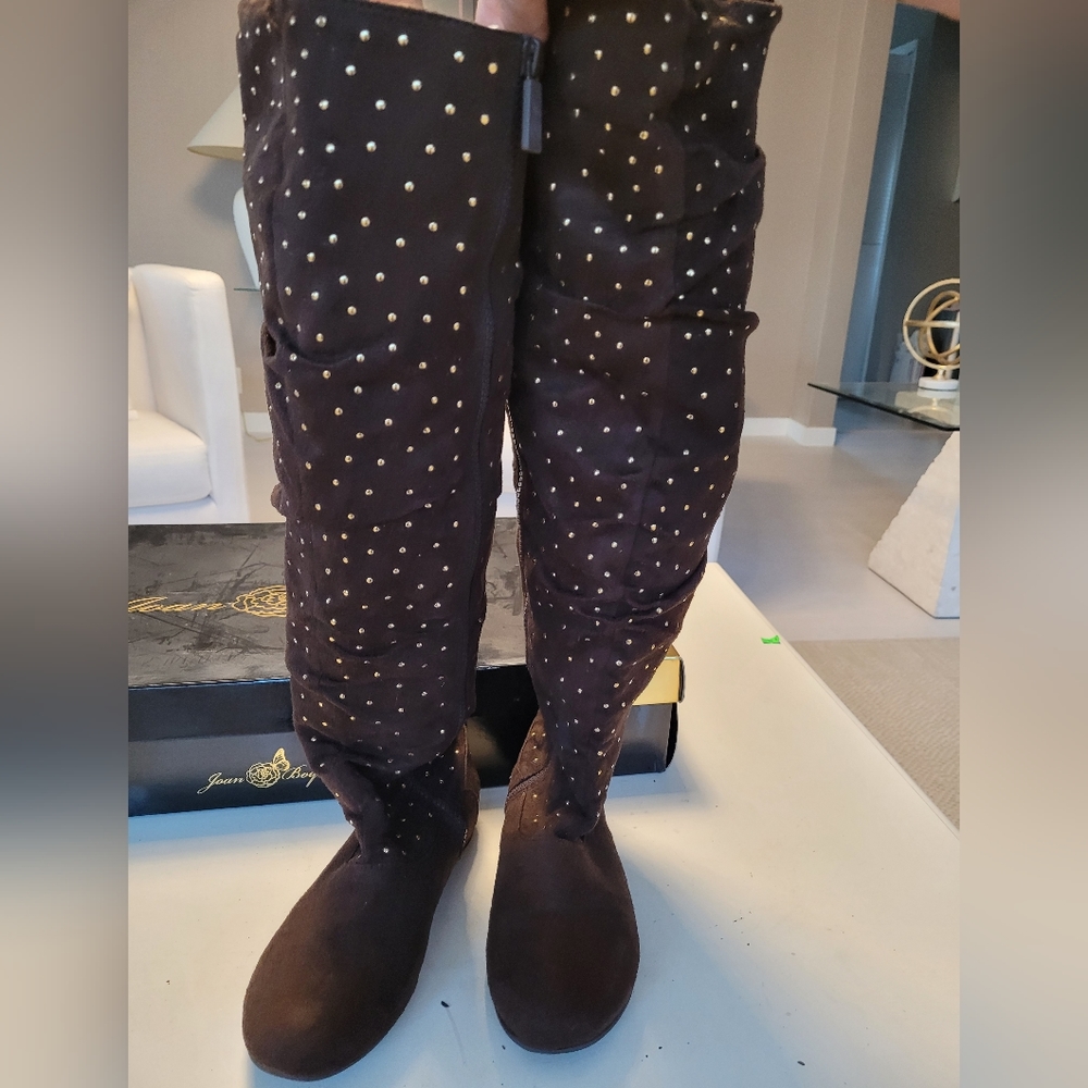 Joan Boyce Brown Suede Gold Studded High Boots Size 7